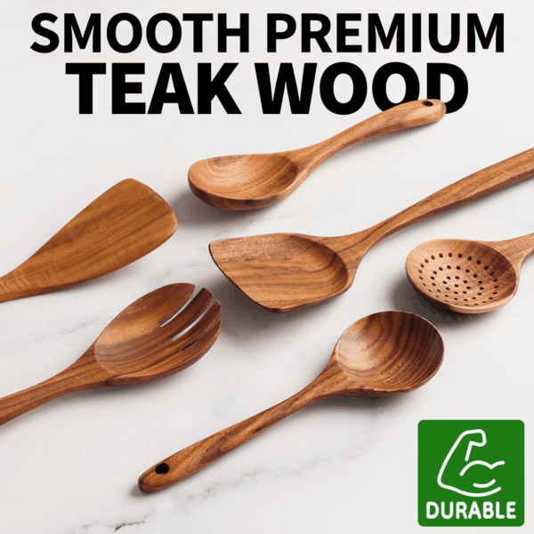 6-Piece Wooden Cooking Spoons Set – Heat-Resistant, Smooth Teak Utensils with Comfort Grip – Lightweight & Durable – Easy to Clean, Perfect for Non-Stick Cookware - Image 2
