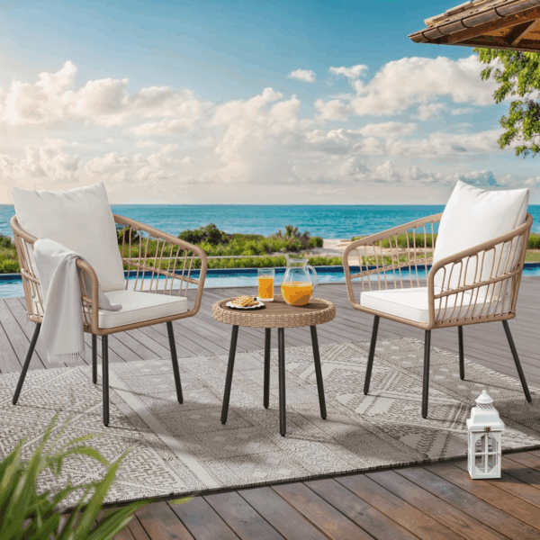 3 Pieces Outdoor Wicker Patio Conversation Bistro Set, All-Weather Rattan Patio Furniture Set with Table & Cushions, Outdoor Sectional Sofa for Patio, Balcony, Backyard, Deck - Image 6