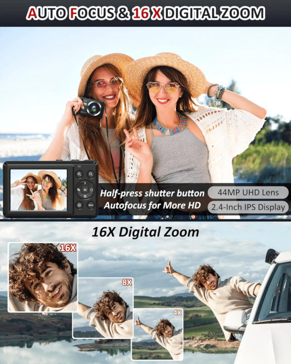 Digital Camera - 4K 44MP UHD Digital Cameras for Photography - Autofocus Point and Shoot Vlogging Camera with 16X Zoom, 32GB SD Card, 2 Batteries - Compact Small Cameras for Kids Teens Boys Girls - Image 3