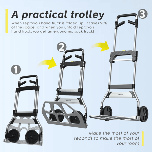 Folding Hand Truck Dolly Cart,340Lb Capacity Portable Aluminum Dolly Cart with Telescoping Handle and 7 Inch Rubber Wheels for Moving,Shopping,Travel,Office Use - Image 4