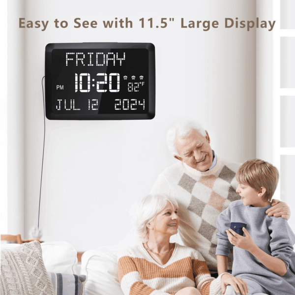 Digital Clock, 11.5" Large Display Calendar Clock with Day and Date, Indoor Temperature, Adjustable Brightness, Snooze,12/24H, DST for Home, Office, Elderly - Image 3