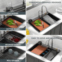 33 Drop Kitchen Sink with Faucet Combo 33"X22" Waterfall Kitchen Sink Workstation Gunmetal Black 16 Gauge Single Bowl Topmount Handmade Sinks with Pull Out Faucet, Glass Rinser Included - Image 7