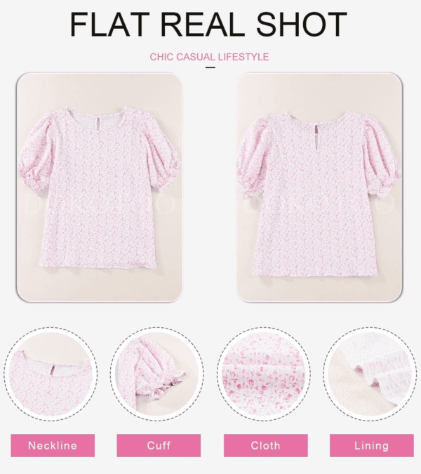 Floral Print Blouses for Women Crewneck Smocked Puff Sleeve Shirts Casual Babydoll Tops - Image 5