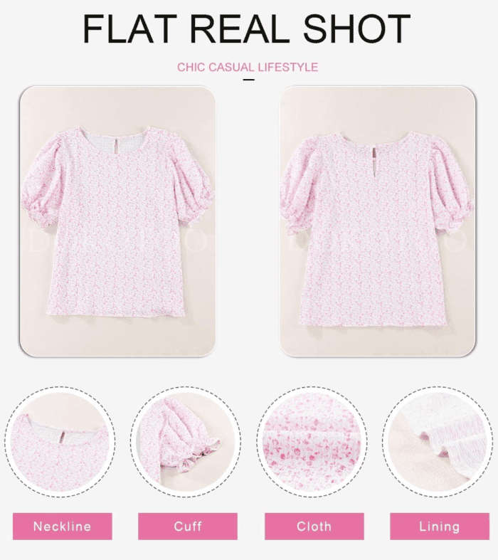 Floral Print Blouses for Women Crewneck Smocked Puff Sleeve Shirts Casual Babydoll Tops - Image 5