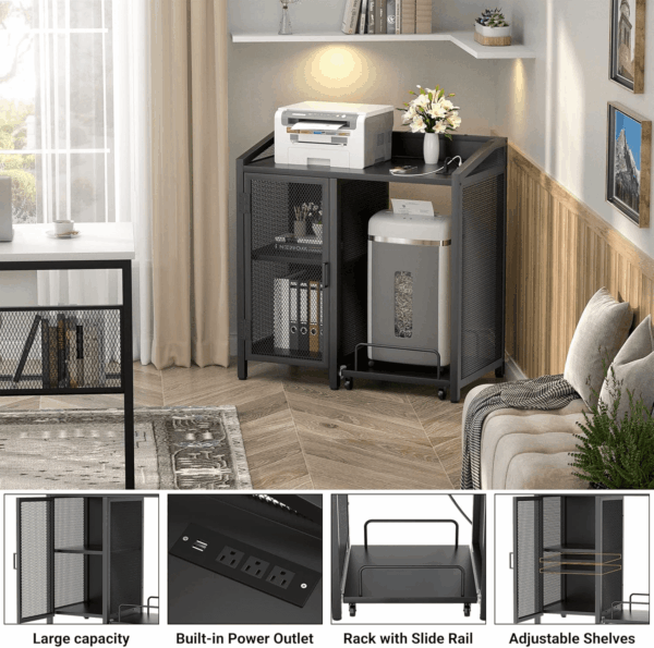 File Cabinet with Paper Shredder Stand on Wheel, Modern Vertical Filing Cabinet with Socket and USB Charging Port, Large Printer Stand with Adjustable Storage Shelf Rack for Home Office, Black - Image 4