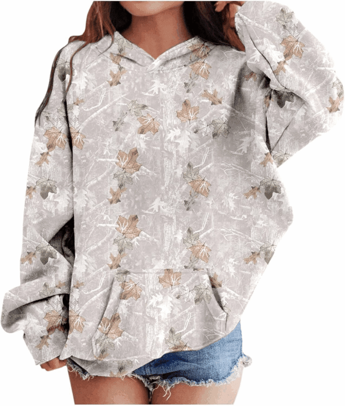 Camo Hoodies for Teen Girls Cute Sweatshirt Maple Leaf Print Oversized Fleece Sweatshirts Pullover Tops with Pocket - Image 5