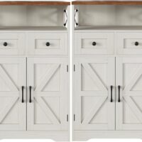 Set of 2 Farmhouse Storage Cabinet with Barn Doors and Drawers, Freestanding Kitchen Pantry, Floor Storage Cabinet Hutch Cupboard for Kitchen, Laundry, Living Room, White - Image 4
