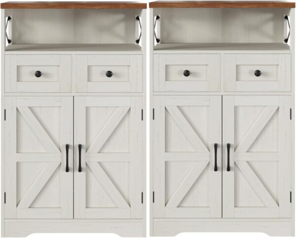 Set of 2 Farmhouse Storage Cabinet with Barn Doors and Drawers, Freestanding Kitchen Pantry, Floor Storage Cabinet Hutch Cupboard for Kitchen, Laundry, Living Room, White - Image 4