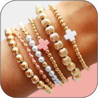 Gold Beaded Bracelet Set for Women Non Tarnish Chunky Stretch Paperclip Cross Pearl Stackable Jewelry