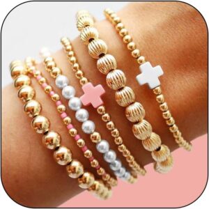 Gold Beaded Bracelet Set for Women Non Tarnish Chunky Stretch Paperclip Cross Pearl Stackable Jewelry