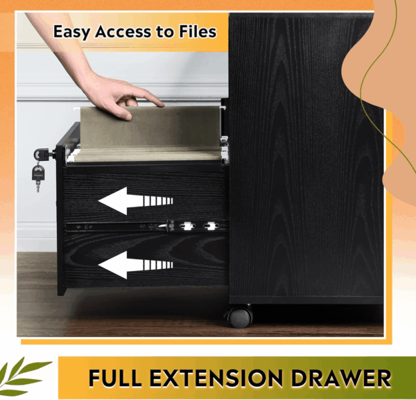 File Cabinet with Charging Station, 1-Drawer Lateral File Cabinets with Lock for Home Office, Wooden Rolling Printer Stand with Shelves, Black - Image 6