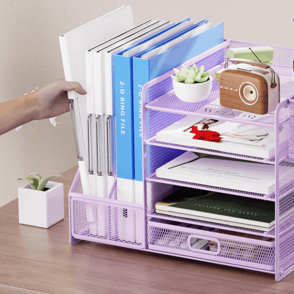 Desk Organizer with File Holder, 5-Tier Paper Letter Tray Organizer with Drawer and 2 Pen Holder, Mesh Desktop Organizer and Storage with Magazine Holder for Office Supplies(Purple) - Image 5