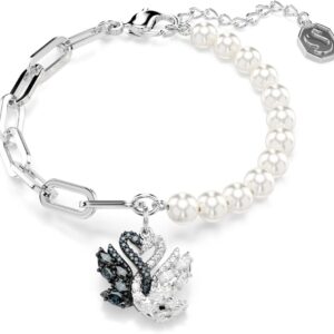 Swan Bracelet, Crystal Pearl, Swan, Black, Rhodium Finish