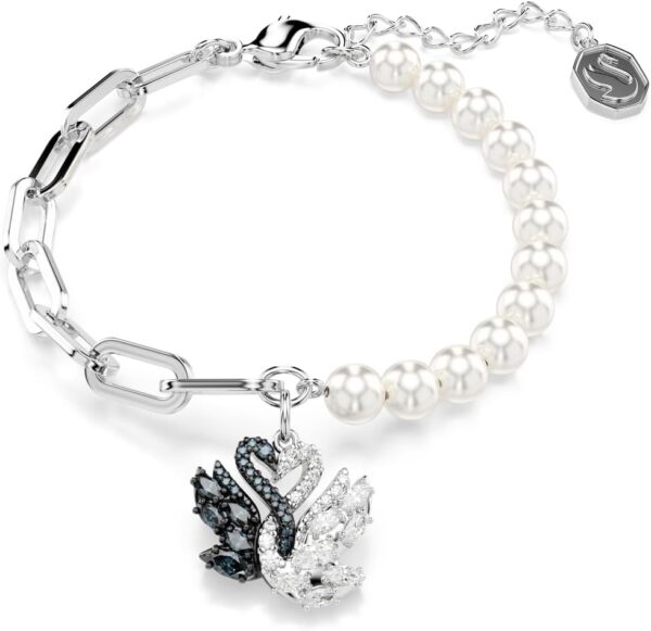 Swan Bracelet, Crystal Pearl, Swan, Black, Rhodium Finish
