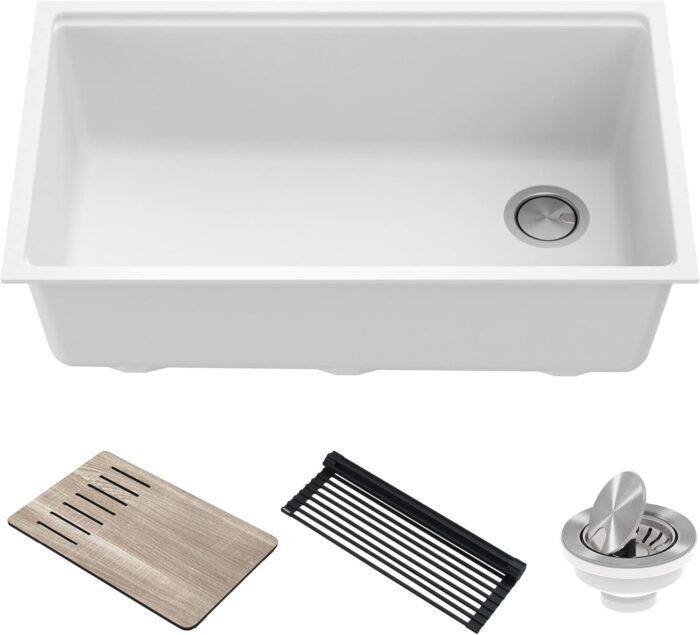 Kitchen Sink Bellucci 32” Undermount Workstation Granite, Metallic White, Accessories, KGUW1-33WH
