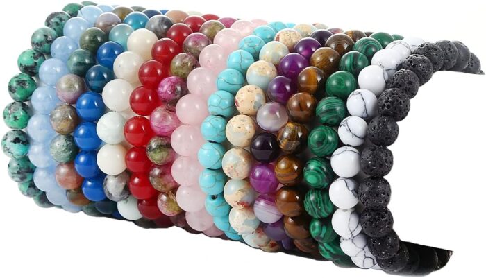 15 Pcs 8Mm Healing Stone Beaded Bracelets for Women Men Semi-Precious Gemstones Bracelets Crystal Beaded Bracelet Unisex Adjustable Stretch Bracelets