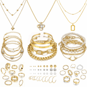 36 PC Gold Plated Jewelry Set with 4 Necklace, 11 Bracelet, 7 Ear Cuffs Earring, 14 Knuckle Rings for Women Girls Valentine Anniversary Birthday Friendship Gift
