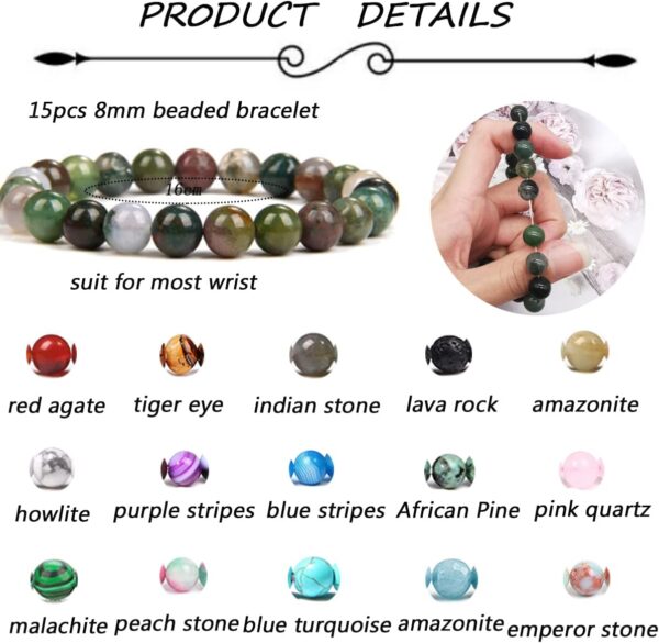 15 Pcs 8Mm Healing Stone Beaded Bracelets for Women Men Semi-Precious Gemstones Bracelets Crystal Beaded Bracelet Unisex Adjustable Stretch Bracelets - Image 4