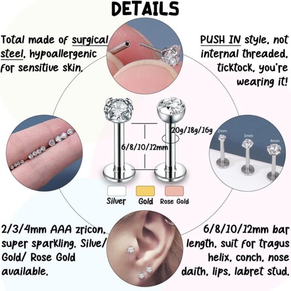 16G/18G/20G Threadless Lip Rings Tragus Earrings Surgical Steel Helix Conch Cartilage Earrings Monroe Piercing Jewelry for Women Men Labret Studs - Image 3