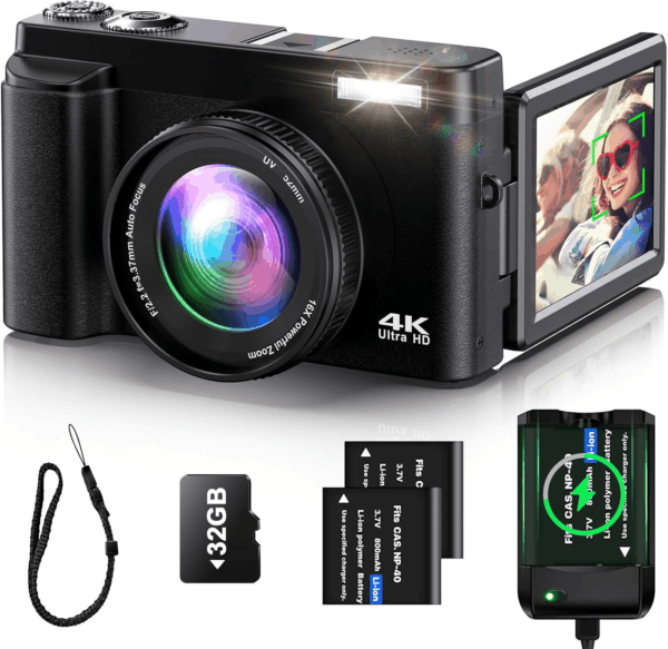4K Digital Camera for Photography Auto-Focus Vlogging Camera for Youtube Video with 3'' 180° Flip Screen 16X Anti-Shake 4K Camera Compact Cameras with SD Card, Flash, 2 Batteries & Battery Charger