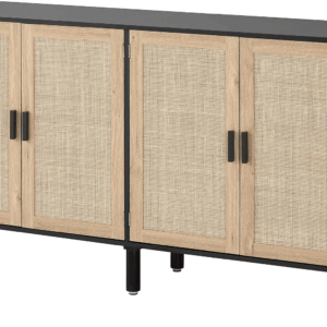 4 Door Sideboard Buffet Cabinet, Kitchen Storage Cabinet with Rattan Decorated Doors, Cupboard Console Table, Boho Accent Liquor Cabinet, Bar Cabient, 62.3X 15.7X 34.6 Inches, Black