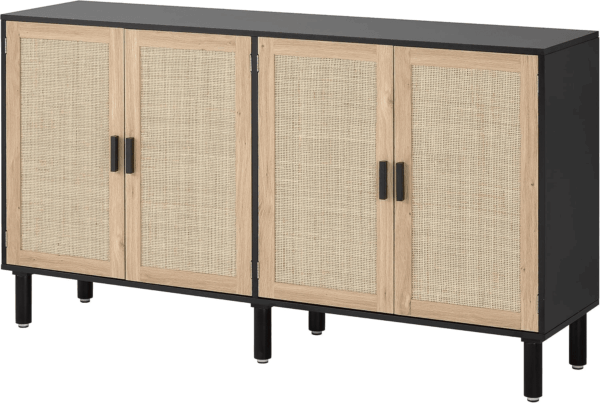 4 Door Sideboard Buffet Cabinet, Kitchen Storage Cabinet with Rattan Decorated Doors, Cupboard Console Table, Boho Accent Liquor Cabinet, Bar Cabient, 62.3X 15.7X 34.6 Inches, Black