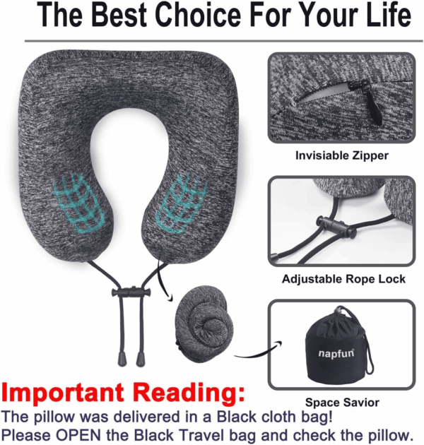 Travel Pillow for Airplane, Premium Memory Foam Neck Pillow for Flight Headrest Sleep, Portable Plane Accessories, Deep Gray - Image 5