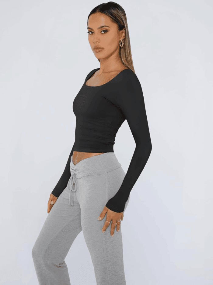 Womens Long Sleeve Shirts Crop Tops Square Neck Going Out Basics Tees Y2K Winter Clothes 2025 - Image 3