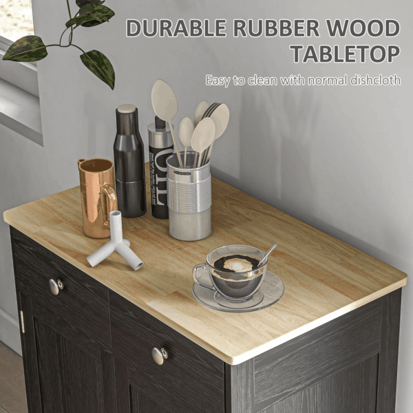 Sideboard with Solid Wood Countertop, Modern Kitchen Storage Cabinet, Coffee Bar Cabinet with 2 Drawers, Doors and Adjustable Shelf, Distressed Black - Image 5