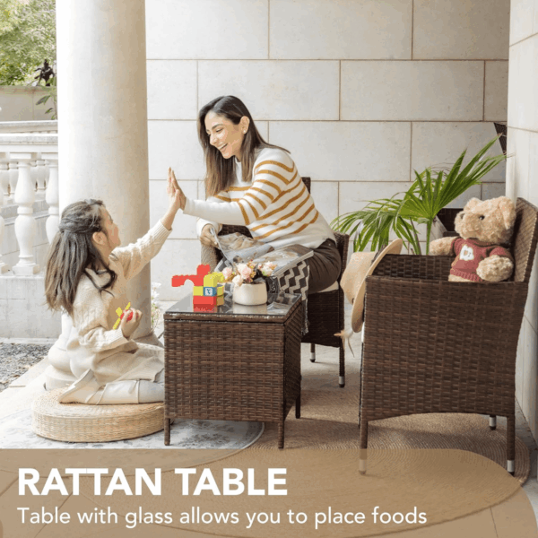 Patio Porch Furniture Sets 3 Pieces PE Rattan Wicker Chairs with Table Outdoor Garden Furniture Sets (Brown/Beige) - Image 4