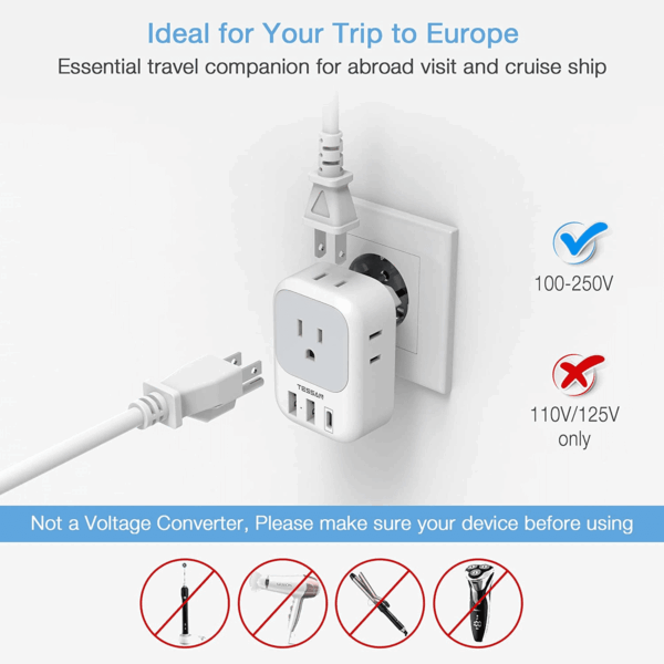 2 Pack European Plug Adapter USB C,  US to Europe Adapter 4 Outlets 3 USB Charger, Type C International Power Adaptor to Italy Spain France Portugal Iceland Germany, Europe Travel Essentials - Image 5