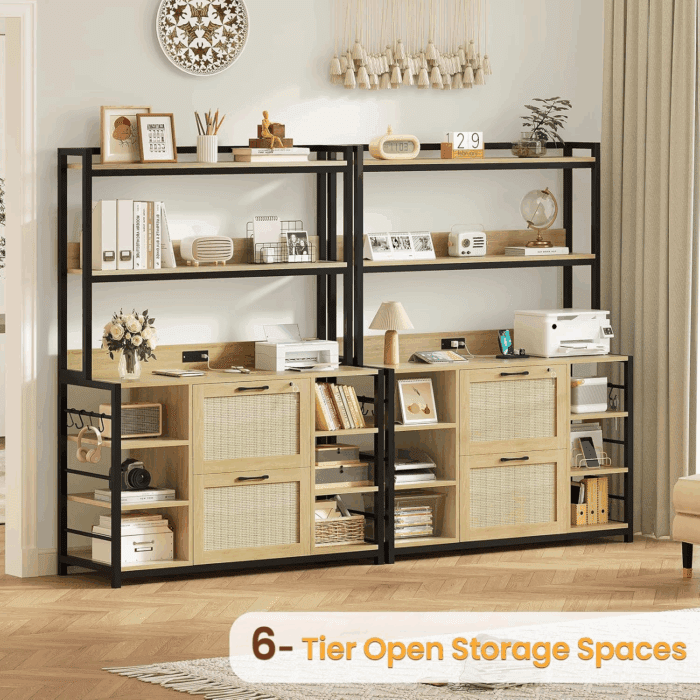 Natural Rustic File Cabinet, 2 Drawer Filing Cabinet, Fits Legal/Letter/A4 Size, 6 Layer Open Storage Shelves, Power Strip & USB Ports, Home Office - Image 3