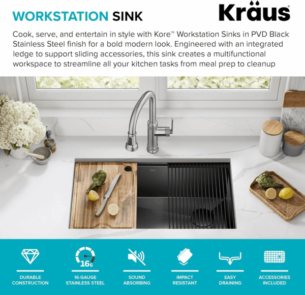 Kore Workstation 32-Inch Undermount 16 Gauge Black Stainless Kitchen Sink, Single Bowl Kitchen Sink in PVD Gunmetal Finish with Accessories, KWU110-32/PGM - Image 3