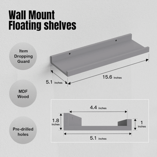 Mounted Shelves for Wall Decor, Modern Picture Ledge Shelf with Lip for Wall Storage Nursery, Bedroom, Living Room, Bathroom - Grey - Image 3