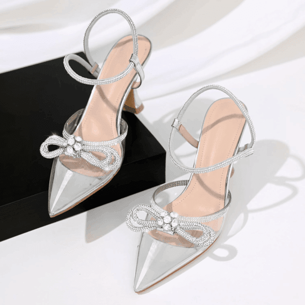 Women'S Closed Toe Rhinstone Wedding Low Heel Slingback Clear Kitten Heels,Adjustable Strap Pointed Toe Bow Pumps High Heeled Prom Dress Shoes - Image 9