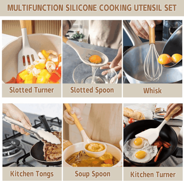 Kitchen Cooking Utensils Set, 33 Pcs Non-Stick Silicone Cooking Kitchen Utensils Spatula Set with Holder, Wooden Handle Silicone Kitchen Gadgets Utensil Set (Khaki) - Image 3