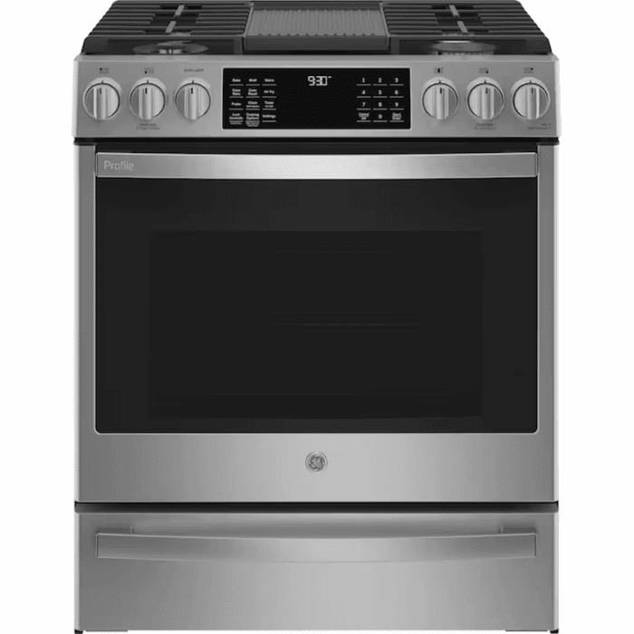 Profile 30-In 5 Burners 5.6-Cu Ft Air Fry Convection Oven Slide-In Natural Gas Ran ( Finrprint-Resistant Stainless Steel )