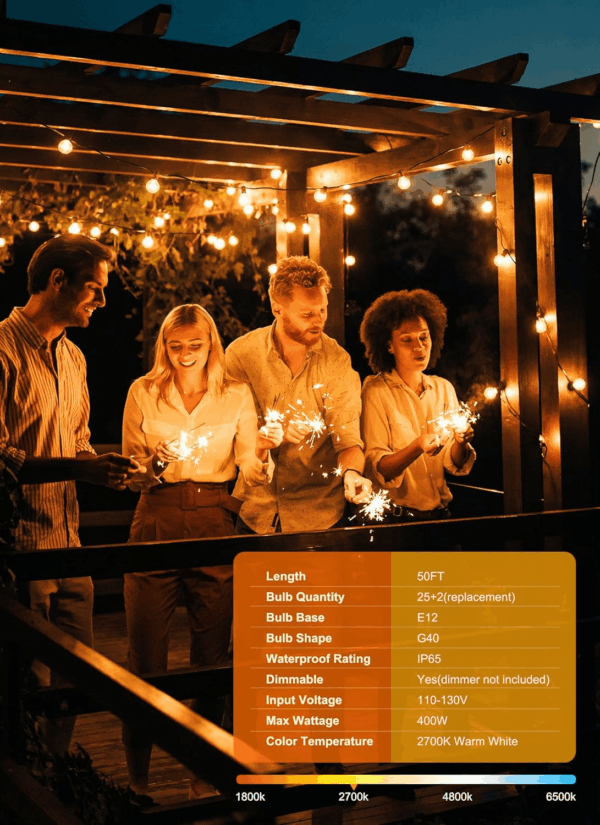 Outdoor String Lights - Connectable Dimmable LED Patio String Lights with G40 Globe Plastic Bulbs, All Weatherproof Hanging Lights for outside Backyard Porch (50 Ft - 25 LED Bulbs) - Image 2