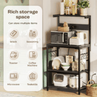 Kitchen Bakers Rack with Power Outlet, Coffee Bar Table 4 Tiers, Kitchen Microwave Stand with 6 S-Shaped Hooks, Kitchen Storage Shelf Rack for Spices, Pots and Pans - Black - Image 5