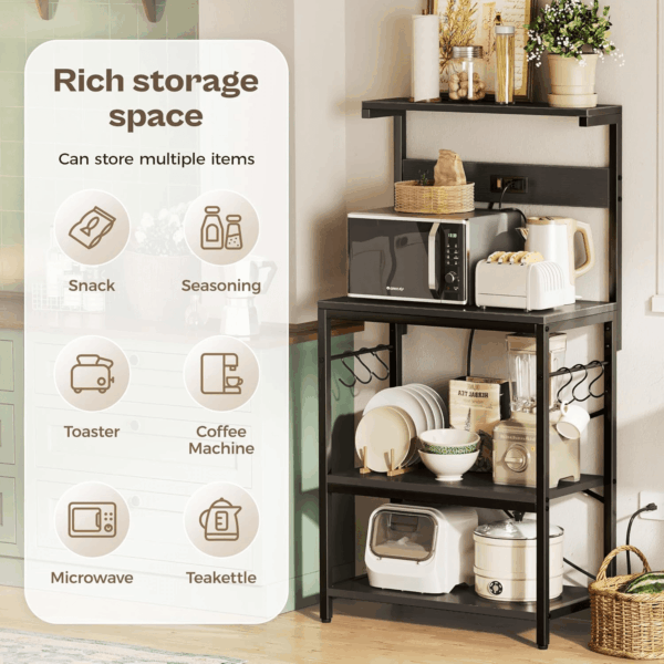 Kitchen Bakers Rack with Power Outlet, Coffee Bar Table 4 Tiers, Kitchen Microwave Stand with 6 S-Shaped Hooks, Kitchen Storage Shelf Rack for Spices, Pots and Pans - Black - Image 5