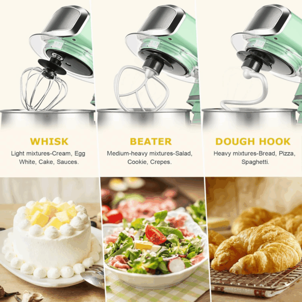 Stand Mixer,3.2Qt Mini Electric Food Mixer,6 Speeds Portable Lightweight Kitchen Mixer for Daily Use with Egg Whisk,Dough Hook,Flat Beater (Green) - Image 4