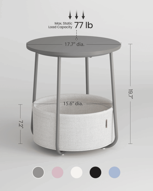 End Table, Small Bedside Table with Fabric Basket, Modern Nightstand, round Side Table, for Living Room, Bedroom, Cement Gray and Cream White ULET223G49 - Image 2