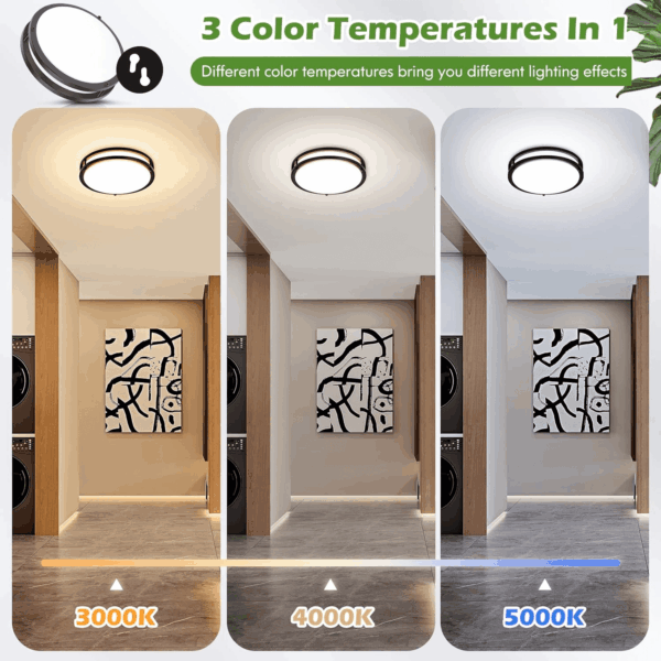 12 Inch Flush Mount Ceiling Lights, 36W 3200LM Black Dimmable Light Fixtures Ceiling Mount, 3000K-5000K Selectable Modern Kitchen Light Fixtures for Stairwell, Balcony, Corridor, Laundry (2-Pack) - Image 3