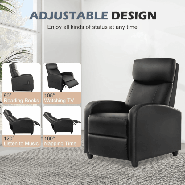 Recliner Chair for Adults, Massage PU Leather Small Recliner Home Theater Seating with Lumbar Support, Adjustable Modern Reclining Chair with Padded Seat Backrest, Living Room (Black) - Image 4