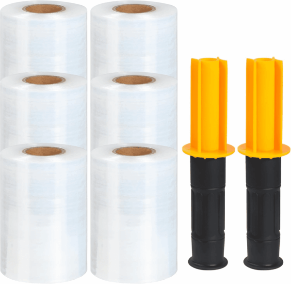 6 Pcs 5" X 1000Ft X 60 Gauge Stretch Film Clear Wraping Film Roll with 2 Handles, Industrial Strength Plastic Moving Stretch Film for Moving, Pallet Wrapping, Self Adhering Heavy Duty Shrink Film