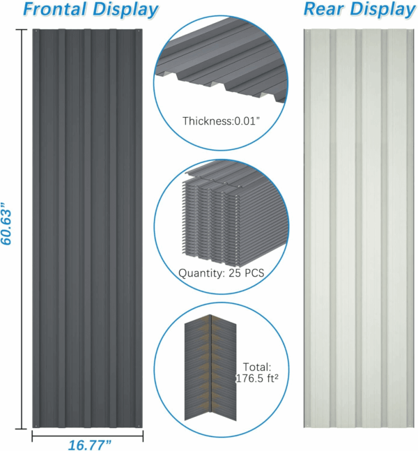 Metal Roof Panels 25 Pcs 176.5 Ft² Galvanized Steel Corrugated Tin Roofing Panels Gazebo Top Cover Garages,Sheds, Stables and Mobile Homes Replacement for Patio Outdoor Garden, Gray - Image 3