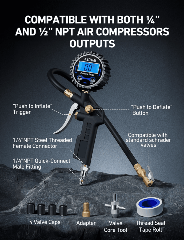 Digital Tire Pressure Gauge with Inflator, 250 PSI Air Chuck & Compressor Accessories Heavy Duty with Quick Connect Coupler, 0.1 Display Resolution, Car Accessories, 1Pack - Image 2