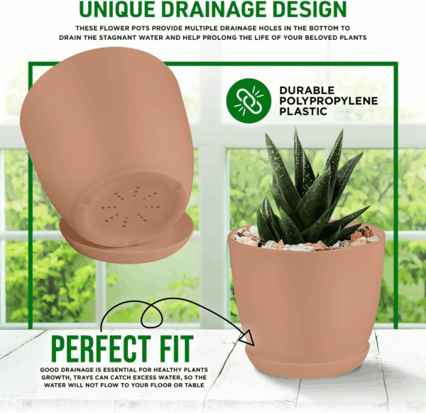 Planter Pots with Drainage Holes - Lightweight, Durable, and Space-Saving Pots for Indoor and Outdoor - Versatile Functionality, Simple Modern Design, Set of 5 Plastic Planter Pots - Pink - Image 3