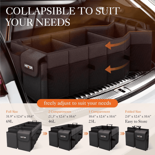 Foldable Trunk Organizer - SUV & Sedan Compatible, 3 Compartment, Black, 31.9"×12.6"×10.6" Sturdy Car Organization for Accessories, Tools, Sundries - Image 4