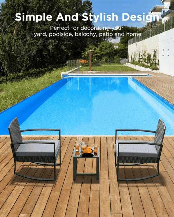 3 Pieces Patio Furniture Set Rocking Bistro Set Outdoor Rattan Conversation with Coffee Table for Garden Balcony Backyard Poolside (Grey Cushion) - Image 9